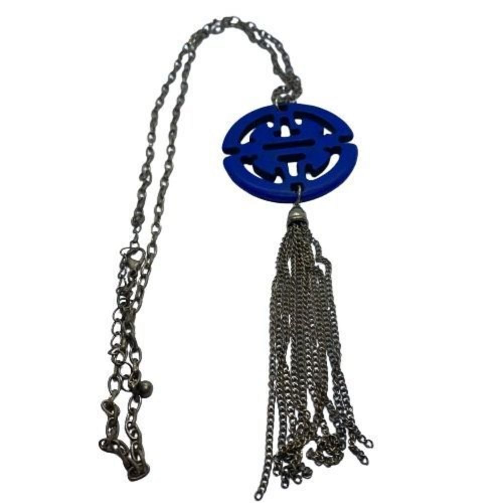 Unique 30” Long Blue Faux Stone Travel Tassel Gold Tone Chain Necklace